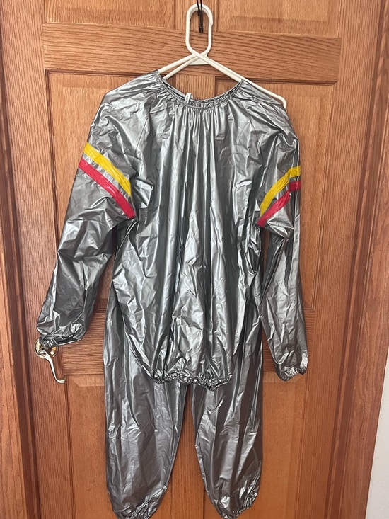 Vintage Sauna suit Pants - Vintage 80s Silver Women's Sauna Sweat Suit with Red & Yellow Stripe Details